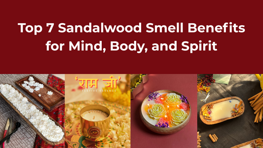 Top 7 sandalwood smell benefits – Amour By Anjali festive candles including floral urli candle, Ram Ji brass candle, rose-inspired candle, and wooden bowl sandalwood candle.