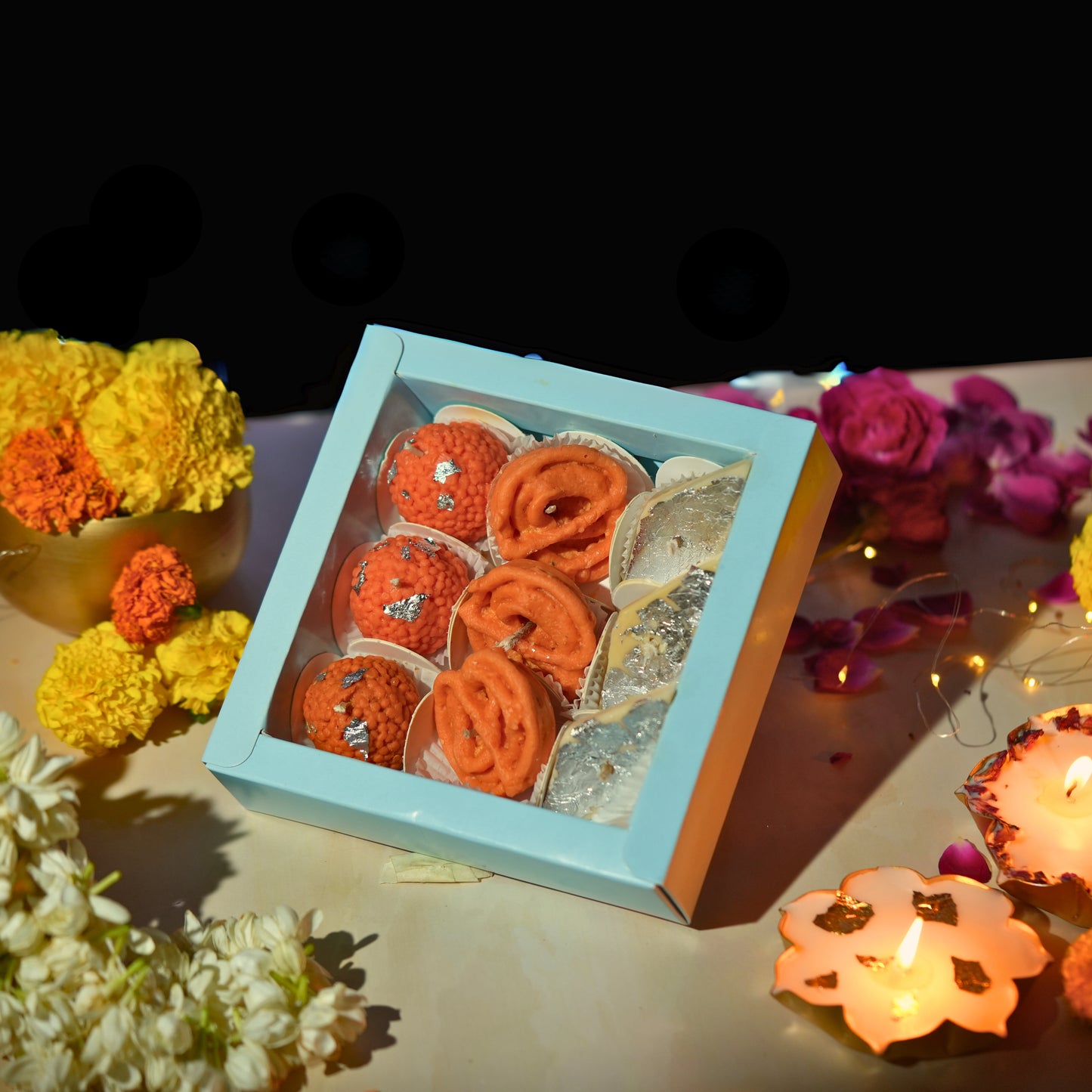 Festive Trio Mithai Box – Assorted Mithai Candle Gift Set