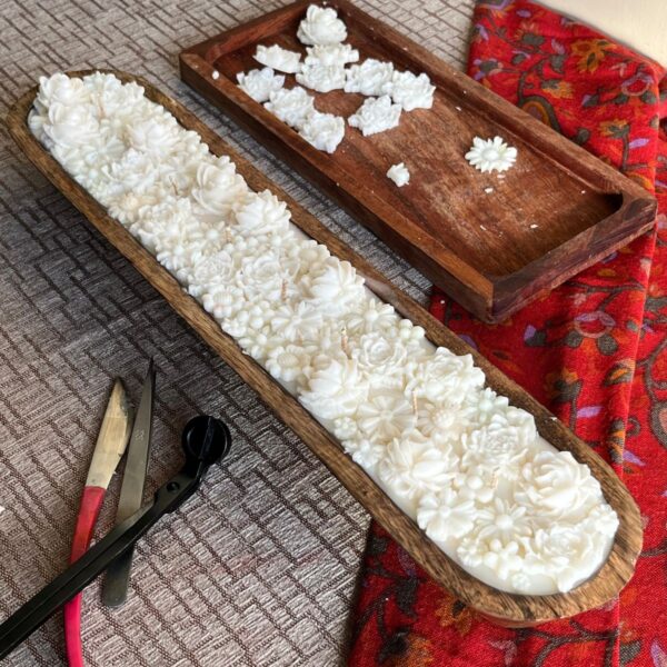 Wooden bowl with wax flowers